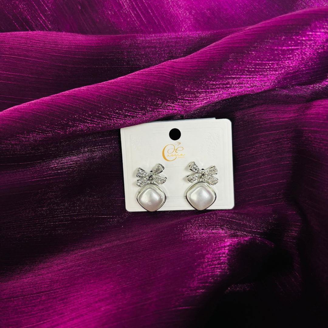 Anti-Tarnish Elegant Pearl and Bow Drop with Crystal Accents Earrings