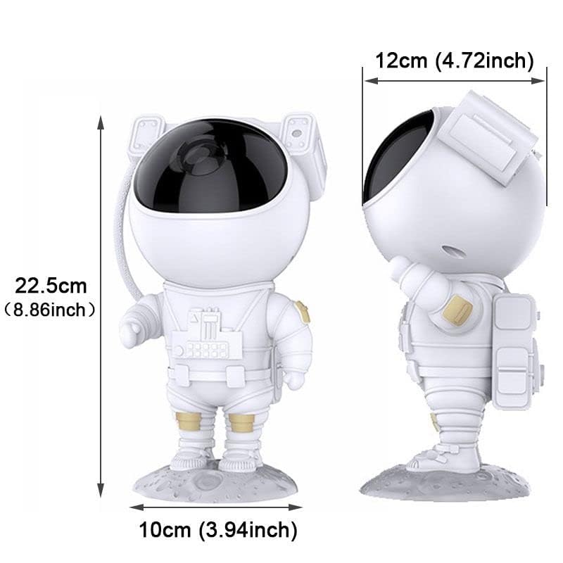 Two astronaut figurines with black visors stand on a gray base, capturing the wonder of the cosmos. One faces forward while the other is in profile. Dimensions: height 22.5 cm (8.86 inches), width 10 cm (3.94 inches), depth 12 cm (4.72 inches). A perfect companion for your Astronaut Galaxy Projector setup!