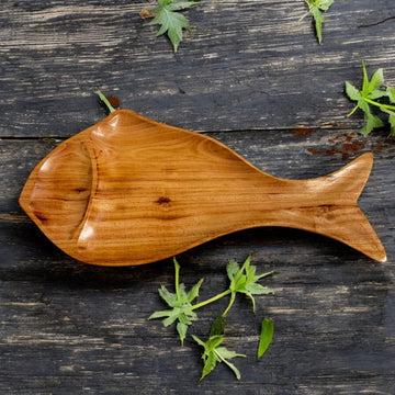 Handicraft Wooden Fish-Shaped Serving Tray with Dip Divider