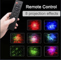 Hand holding a remote control with buttons, shown next to a display of eight colorful projection effects labeled with text 