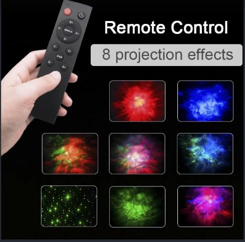 Hand holding a remote control with buttons, shown next to a display of eight colorful projection effects labeled with text "Remote Control" and "8 projection effects