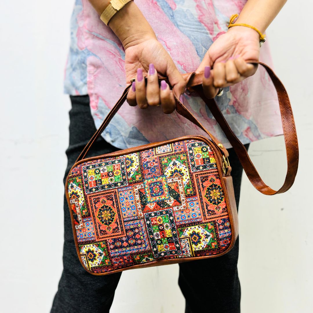 Canvas Croch Handcrafted Printed Canvas Sling Bag (Persion Vintage)