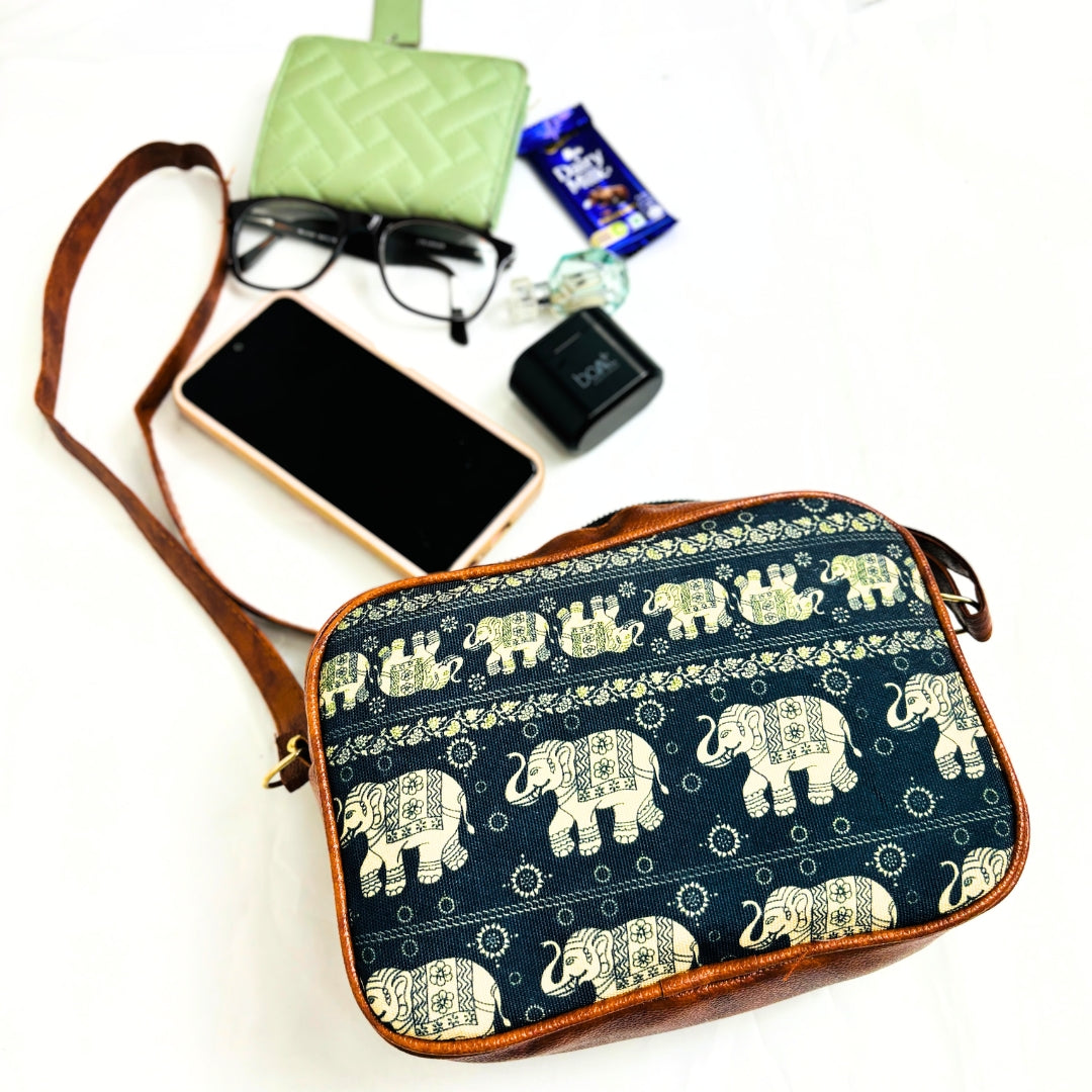 Elephant Motif Handcrafted Canvas Print Sling Bag