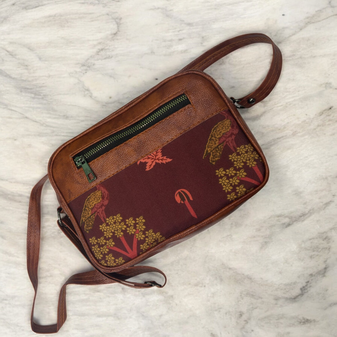 Handmade Printed Canvas Sling Cross-Body Bag (Flomotif Print Maroon)