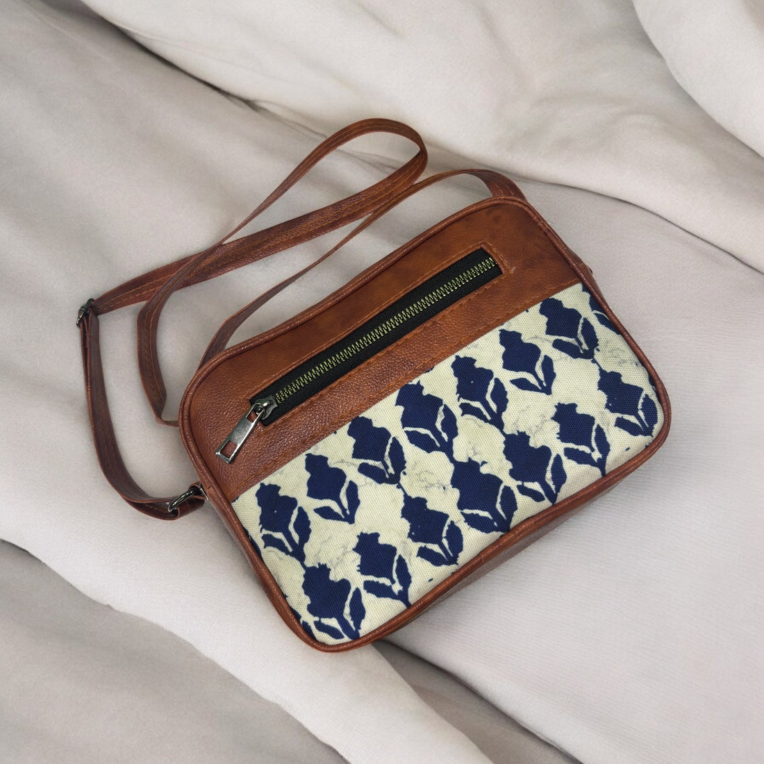 Handmade Printed Canvas Sling Cross-Body Bag (Kalamkari Blue White)