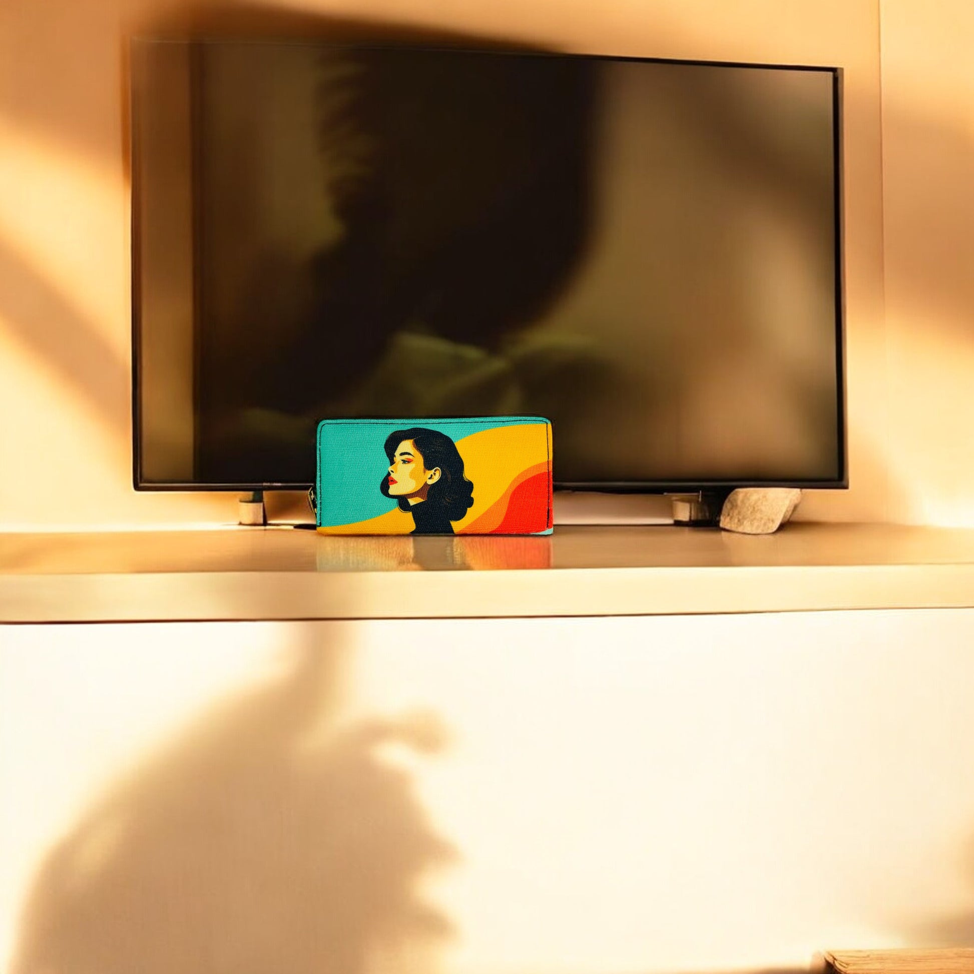 A television sits on a shelf with colorful artwork displayed in front of it, featuring a woman's face wallet on a vibrant background. 