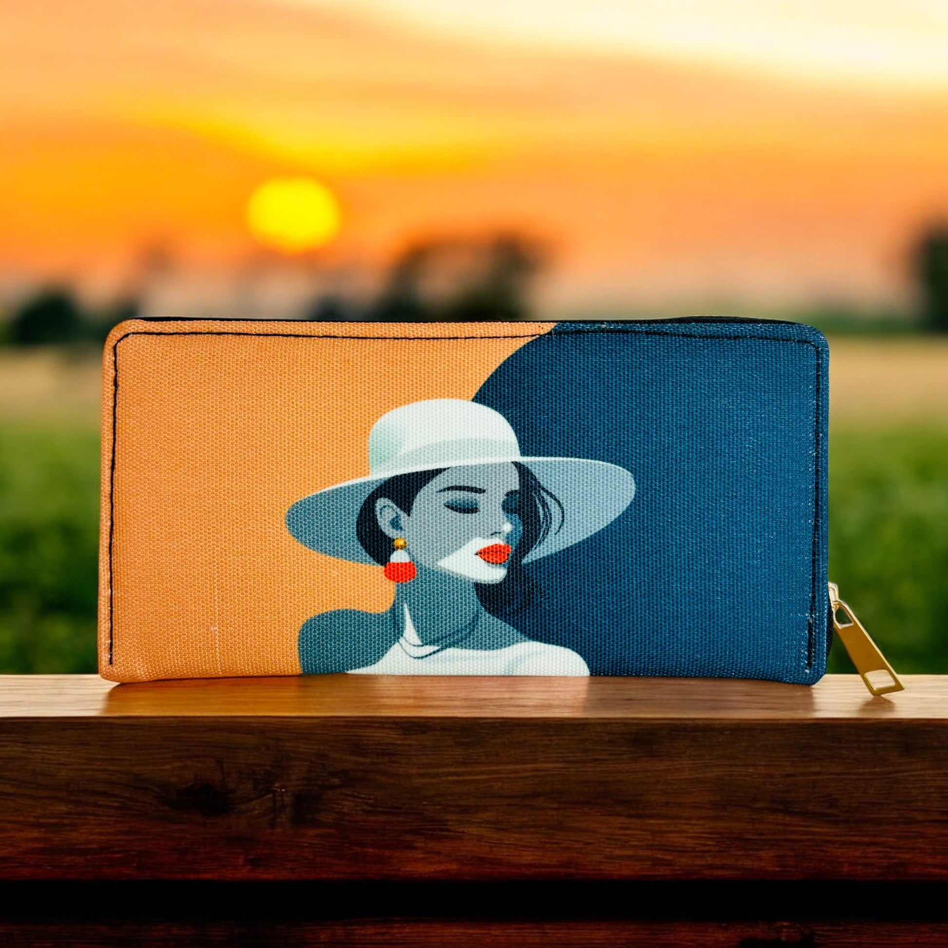 A purse with a woman in a hat and sunglasses