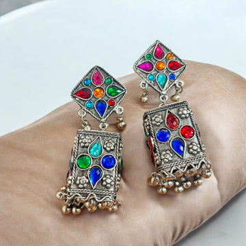 Oxidized Stylish Multicolor Stone Jhumka Earring