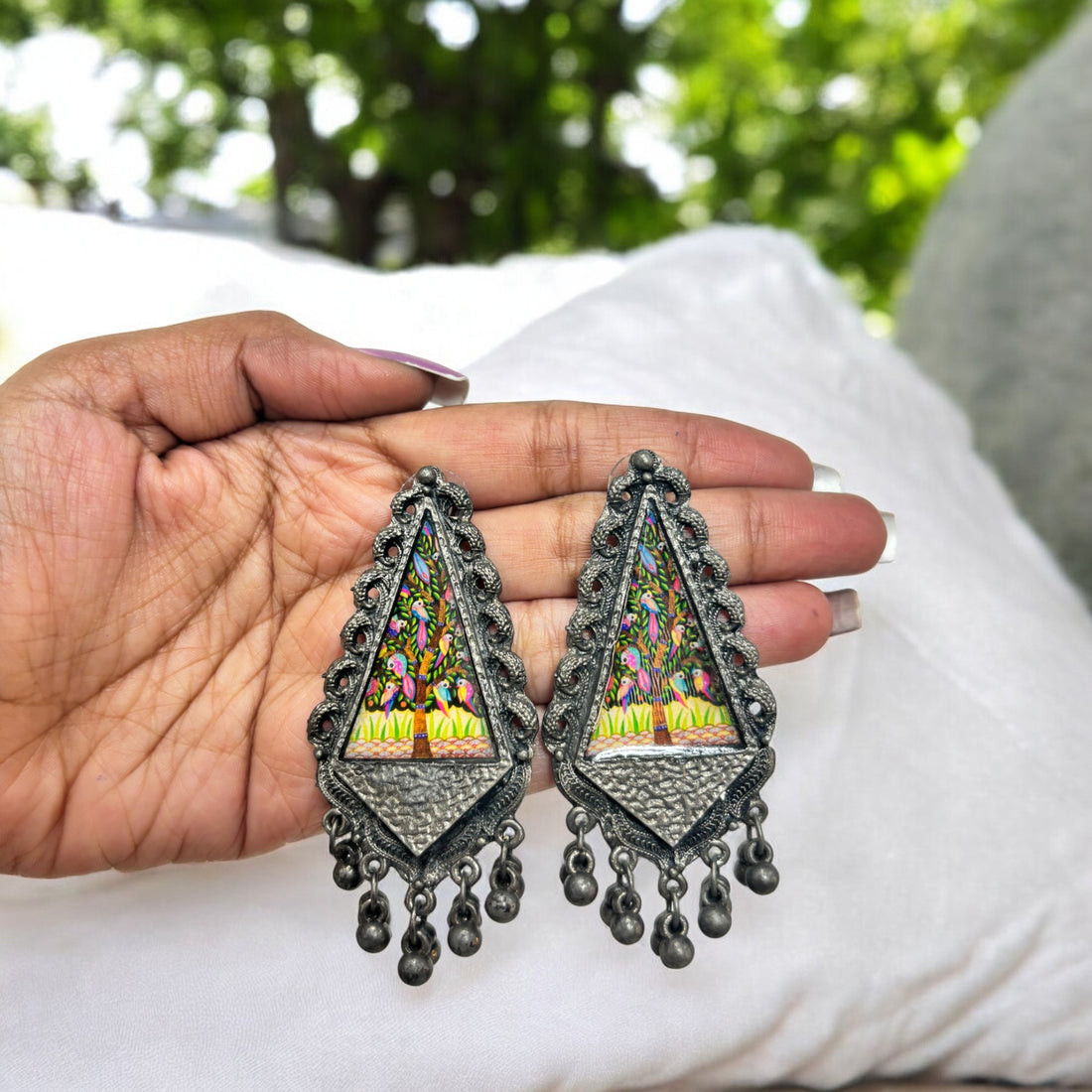 Hand-Painted Antique Silver Oxidized Stud Earrings