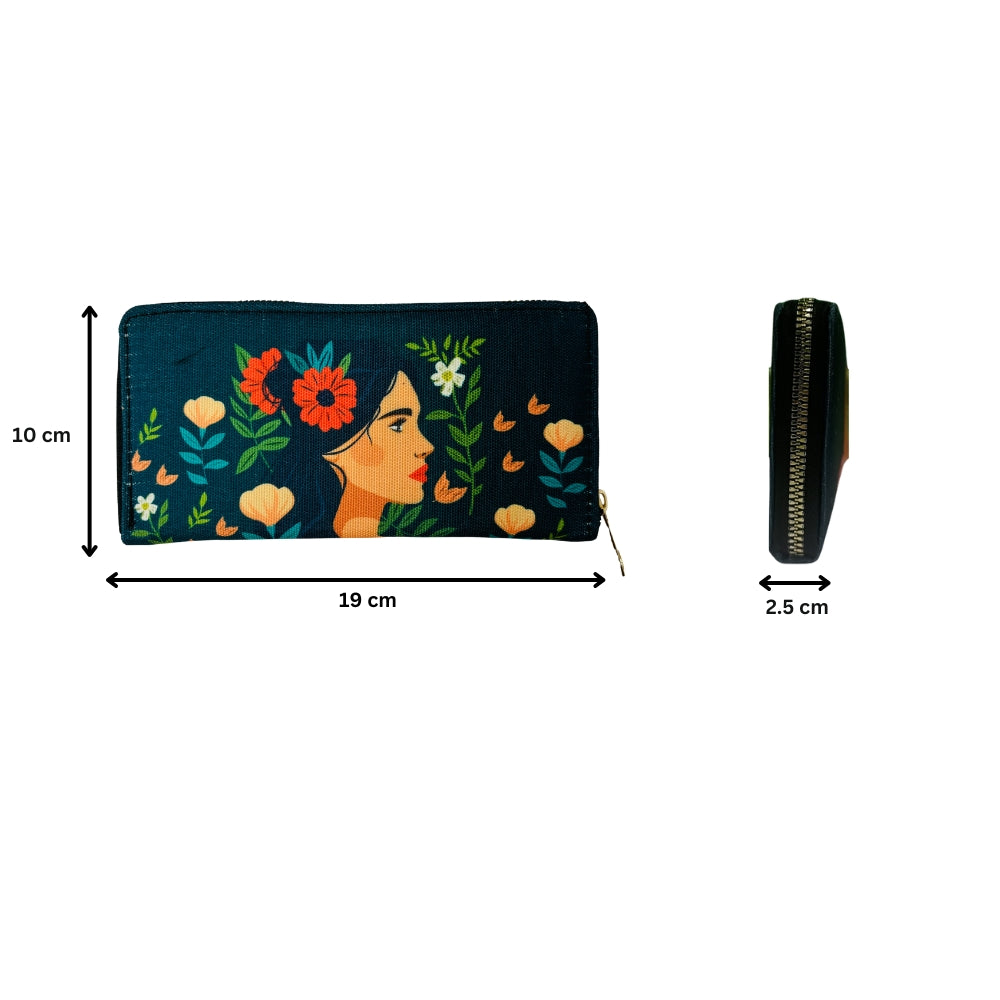 A woman holds a floral hand clutch in her hand, showcasing a stylish accessory with vibrant flowers