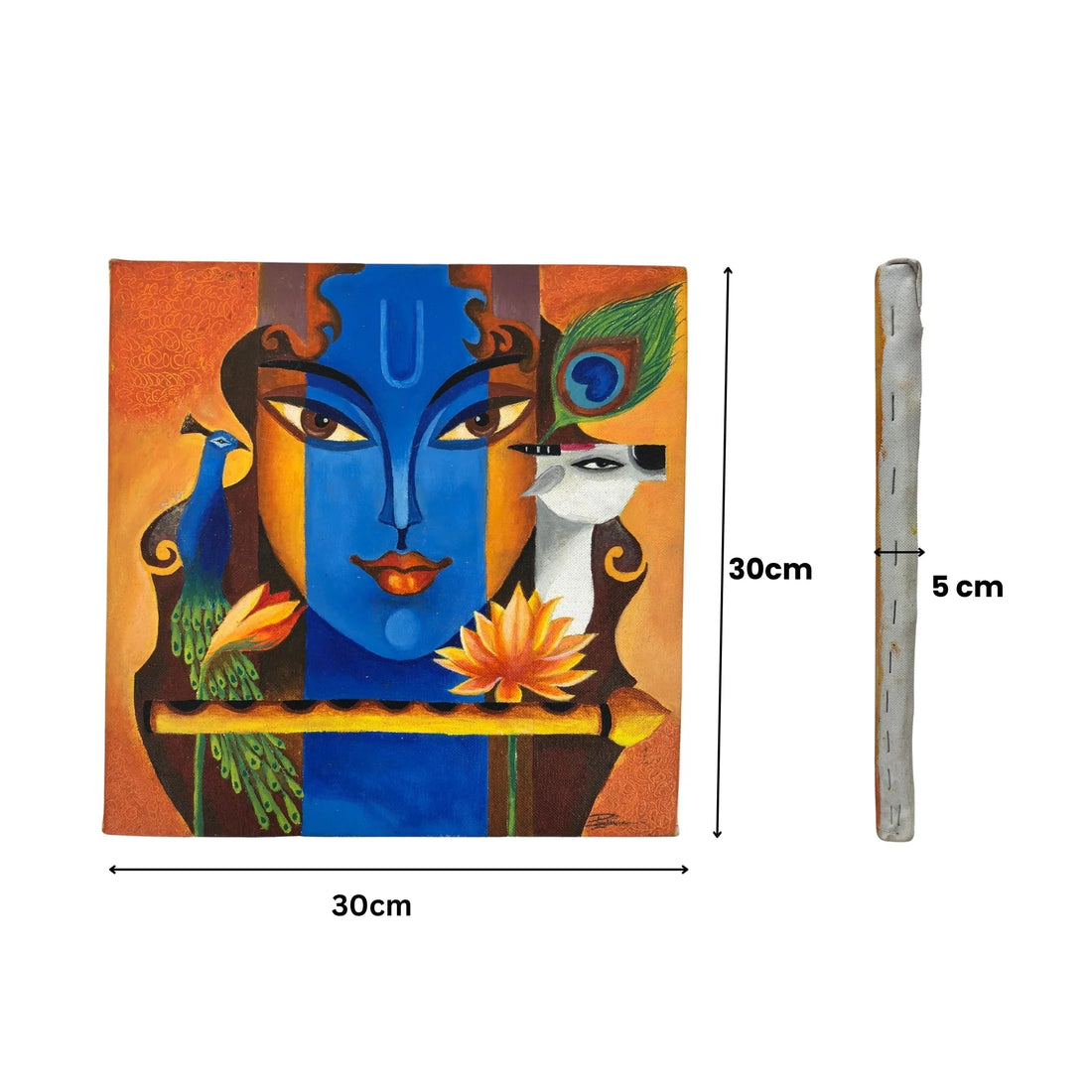 Hand-Painted Krishna Canvas Wall Art- Spiritual Abstract Painting with Flute, Peacock Feather & Lotus.